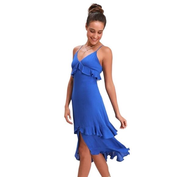 Lulus Island time Blue Ruffled Midi Dress Size Large - Picture 2 of 10